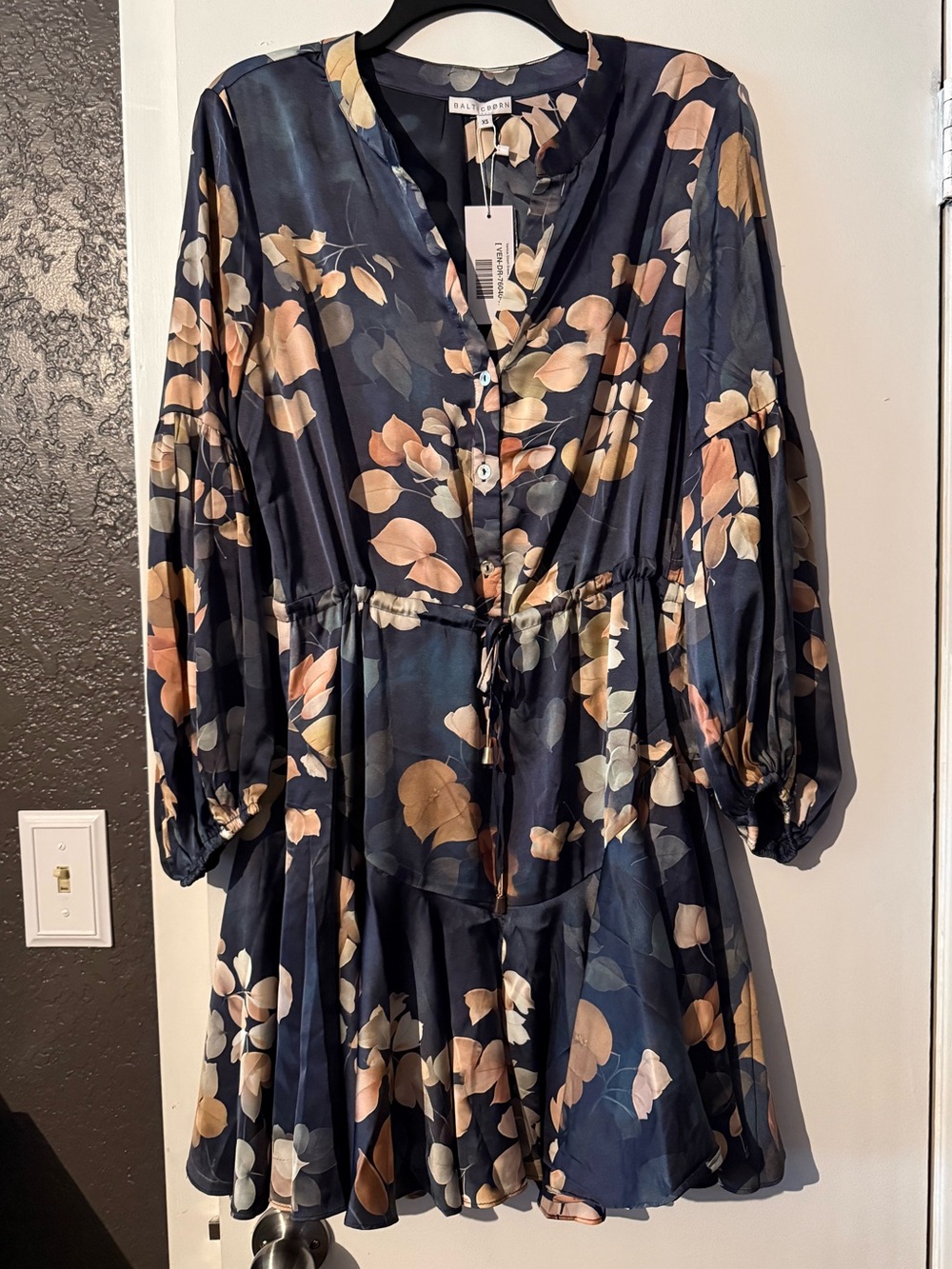 Baltic Born Floral Satin Tie-Waist Mini Dress in Navy